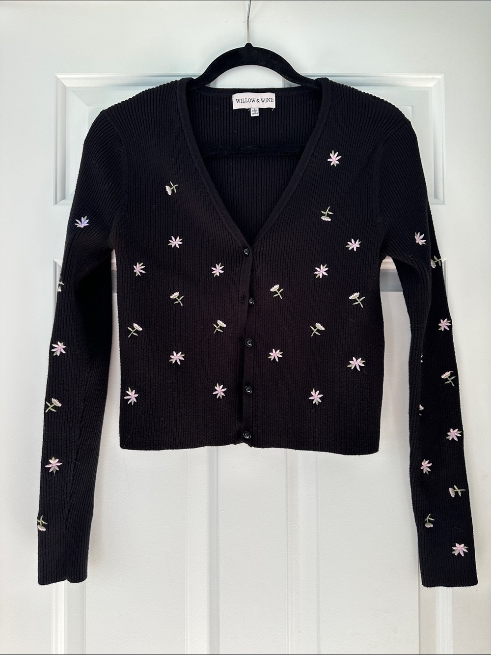 Black Floral Embroidered V-Neck Cardigan